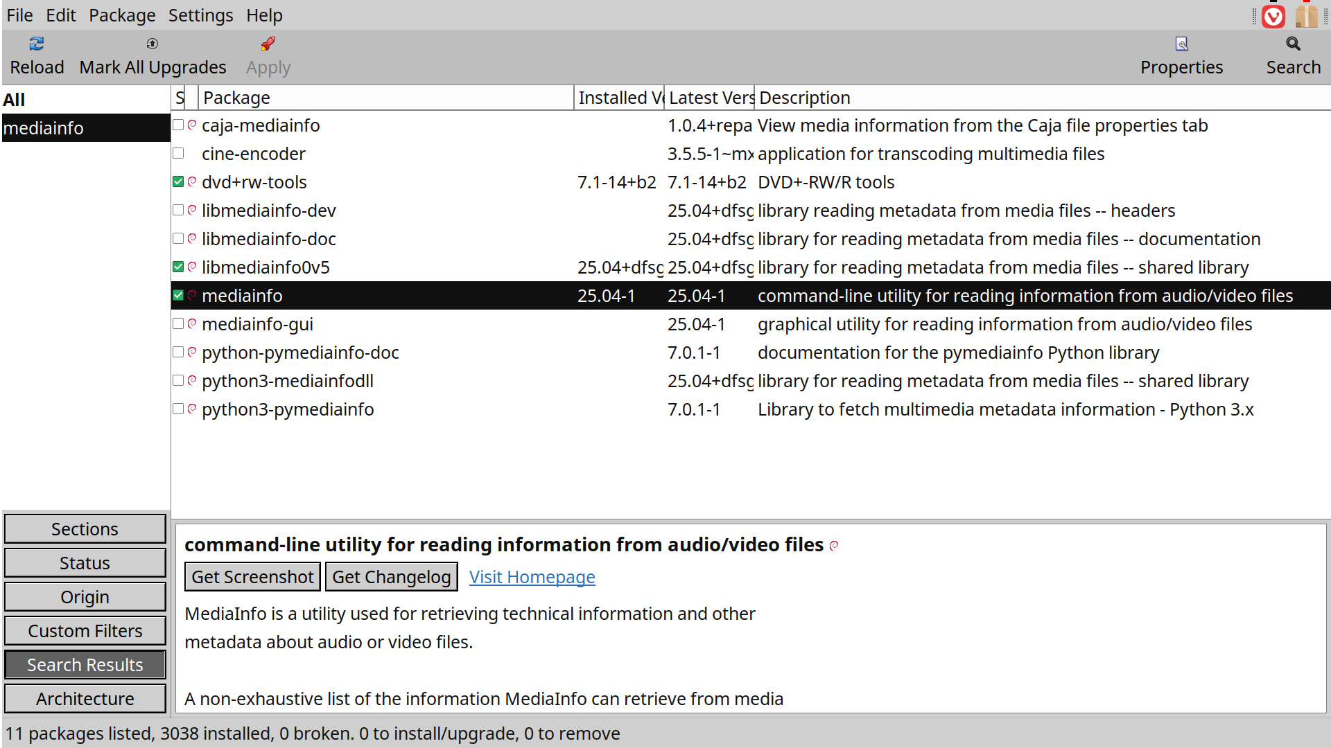 mediainfo on synaptic package manager mediainfopackage